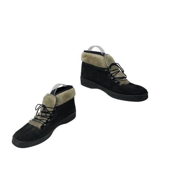 Vtg Womens Italian Black Suede Faux Fur Snow Boots Sz 8 Lace Up Ankle Booties - Picture 9 of 9
